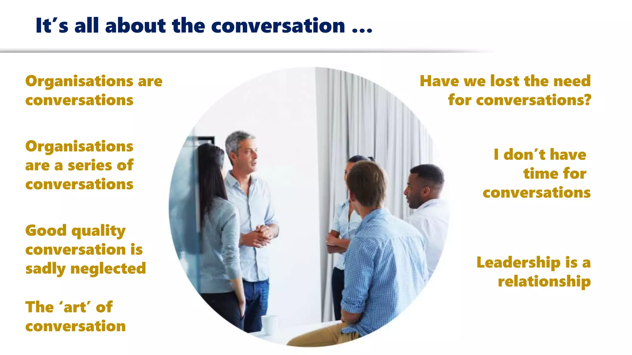 It’s all about the conversation …
Organisations are
conversations
Organisations
are a series of
conversations
Good quality
conversation is
sadly neglected
The ‘art’ of
conversation
Have we lost the need
for conversations?
I don’t have
time for
conversations
Leadership is a
relationship
 
