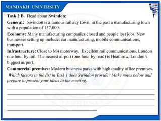 Task 2 B. Read about Swindon:
General: Swindon is a famous railway town, in the past a manufacturing town
with a population of 157,000.
Economy: Many manufacturing companies closed and people lost jobs. New
businesses setting up include: car manufacturing, mobile communications,
transport.
Infrastructure: Close to M4 motorway. Excellent rail communications. London
one hour by rail. The nearest airport (one hour by road) is Heathrow, London’s
biggest airport.
Commercial premises: Modern business parks with high quality office premises.
Which factors in the list in Task 1 does Swindon provide? Make notes below and
prepare to present your ideas to the meeting.
__________________________________________________________________
__________________________________________________________________
__________________________________________________________________
__________________________________________________________________
________________________________________
 