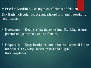  Friction Modifier--- changes coefficients of friction.
Ex- High molecular wt, organic phosphorus and phosphoric
acids ,esters.
 Detergents--- Keep surface deposite free. Ex- Magnesium
phenolates, phosphate and sulfonates.
 Dispersant--- Keep insoluble contaminants dispersed in the
lubricants. Ex- Alkyl succinimides and alkyl-
thiophosphates.
 