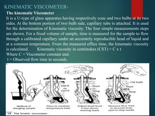 KINEMATIC VISCOMETER-
The kinematic Viscometer
It is a U-type of glass apparatus having respectively cone and two bulbs at its two
sides. At the bottom portion of two bulb side, capillary tube is attached. It is used
for the determination of Kinematic viscosity. The four simple measurements steps
are shown. For a fixed volume of sample, time is measured for the sample to flow
through a calibrated capillary under an accurately reproducible head of liquid and
at a constant temperature. From the measured efflux time, the kinematic viscosity
is calculated. Kinematic viscosity in centistokes (CST) = C x t
Where C = Viscometer constant and.
t = Observed flow time in seconds.
 