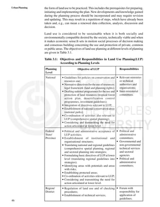 46
Urban Planning the form of land use to be practiced. This includes the prerequisites for preparing,
initiating and implementing the plan. New developments and knowledge gained
during the planning process should be incorporated and may require revision
and updating. This may result in a repetition of steps, which have already been
taken and, e.g., can mean a renewed data collection, analysis, discussion and
decision.
Land use is considered to be sustainable when it is both socially and
environmentally compatible desired by the society, technically viable and when
it makes economic sense.It sets in motion social processes of decision making
and consensus building concerning the use and protection of private, common
or public areas. The objectives of land use planning at different levels of planning
are given in Table 3.1.
Table 3.1: Objectives and Responsibilities in Land Use Planning(LUP)
According to Planning Levels
Objective of LUP
• Guidelines for policies on conservation and
resources use;
• Normative directives for the use of resources:
legal framework (land and planning rights);
• Drafting national programmes for the use and
protection of land resources (tropical forest
action plan, desertification control
programmes, investment guidelines);
• Integration of directives relevant to LUP;
• Establishment of national conservation areas
(national parks);
• Co-ordination of activities also relevant to
LUP (comprehensive spatial planning);
• Considering and transmitting the need for
action articulated at lower level.
• Political and administrative acceptance of
LUP activities;
• Establishment of institutional and
organisational structures;
• Translating national and regional guidelines
(comprehensive spatial planning, regional
and sectoral planning into strategies;
• Formulating basic directives of LUP at lower
level (translating regional guidelines into
strategies);
• Identifying areas with potentials and areas
with risks;
• Establishing protected areas;
• Co-ordination of activities relevant to LUP;
• Considering and transmitting the need for
action articulated at lower level.
• Regulation of land use and of checking
procedures;
• Establishment of technical services;
Planning
Level
National
Federal
State/
Province
Region/
District
Responsibilities
• Relevant ministries
or technical
authorities and
organisations;
• Inter-ministerial
committees.
• Political and
administrative
committees;
• Governmental and
non-governmental
technical services
and sectoral
agencies.
• Political and
administrative
committees;
• Forum with
responsibility for
application of
guidelines;
 