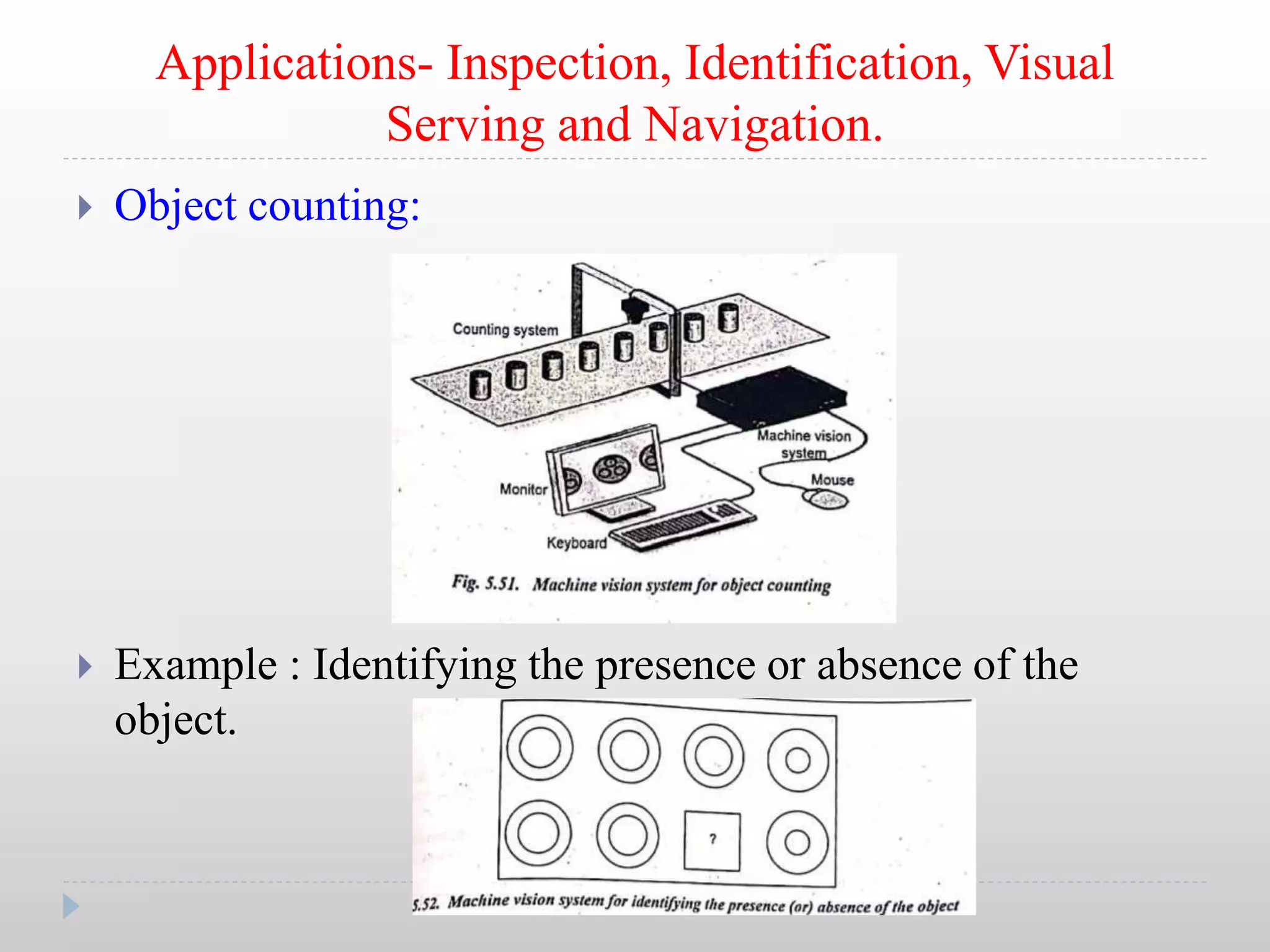 Applications- Inspection, Identification, Visual
Serving and Navigation.
 Object counting:
 Example : Identifying the presence or absence of the
object.
 