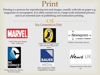 Print

Printing is a process for reproducing text and images, usually with ink on paper e.g.
magazines or newspapers. It is often carried out as a large-scale industrial process,
and is an essential part of publishing and transaction printing.



Key Companies in Print

Comics (Iron man, Strange
Tales , X-Men etc.)

Comics (Superman, Batman,
The Green Lantin)

Puffin- Part of Penguin Group
(The snowman, Meg on the
moon)

Main magazines ( FHM,
AnglingTimes, Empire)

Printers of the daily echo etc.

Printers of The Sun, Daily times
etc.

 