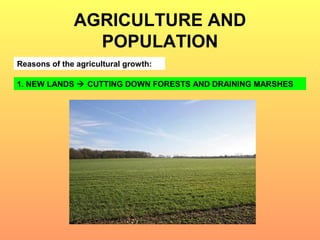 AGRICULTURE AND 
POPULATION 
Reasons of the agricultural growth: 
1. NEW LANDS  CUTTING DOWN FORESTS AND DRAINING MARSHES 
 