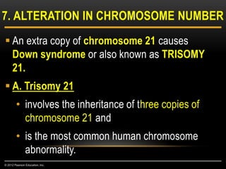  An extra copy of chromosome 21 causes
Down syndrome or also known as TRISOMY
21.
 A. Trisomy 21
• involves the inheritance of three copies of
chromosome 21 and
• is the most common human chromosome
abnormality.
7. ALTERATION IN CHROMOSOME NUMBER
© 2012 Pearson Education, Inc.
 