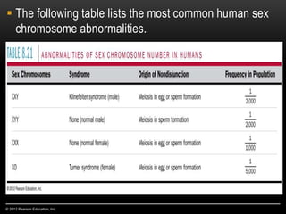  The following table lists the most common human sex
chromosome abnormalities.
© 2012 Pearson Education, Inc.
 