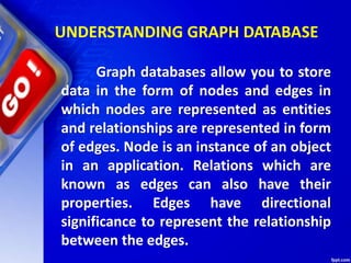 UNDERSTANDING GRAPH DATABASE
Graph databases allow you to store
data in the form of nodes and edges in
which nodes are represented as entities
and relationships are represented in form
of edges. Node is an instance of an object
in an application. Relations which are
known as edges can also have their
properties. Edges have directional
significance to represent the relationship
between the edges.
 