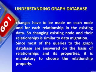 UNDERSTANDING GRAPH DATABASE
changes have to be made on each node
and for each relationship in the existing
data. So changing existing node and their
relationships is similar to data migration.
Since most of the queries to the graph
database are answered on the basis of
relationships and its properties, it is
mandatory to choose the relationship
properly.
 