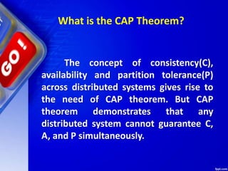 What is the CAP Theorem?
The concept of consistency(C),
availability and partition tolerance(P)
across distributed systems gives rise to
the need of CAP theorem. But CAP
theorem demonstrates that any
distributed system cannot guarantee C,
A, and P simultaneously.
 