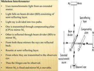 Michelson Interferometer
• Uses monochromatic light from an extended
source.
• Light falls on beam divider (BD) consisting of
semi reflecting layer.
• Light ray is divided into two paths.
• One is transmitted through compensating plate
(CP) to mirror M1.
• Other is reflected through beam divider (BD) to
mirror M2..
• From both these mirrors the rays are reflected
back.
• Reunite at semi reflecting layer.
• From where they are transmitted to the observers
eye.
• Thus the fringes can be observed.
• Mirror M2.is fixed and mirror M1is movable.
 