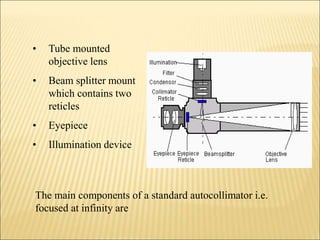 • Tube mounted
objective lens
• Beam splitter mount
which contains two
reticles
• Eyepiece
• Illumination device
The main components of a standard autocollimator i.e.
focused at infinity are
 