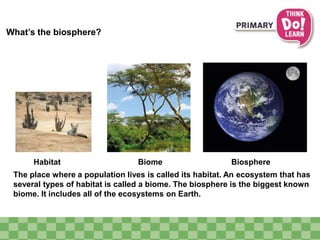 What’s the biosphere? 
Habitat Biome Biosphere 
The place where a population lives is called its habitat. An ecosystem that has 
several types of habitat is called a biome. The biosphere is the biggest known 
biome. It includes all of the ecosystems on Earth. 
 