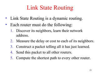 25
Link State Routing
• Link State Routing is a dynamic routing.
• Each router must do the following:
1. Discover its neighbors, learn their network
address.
2. Measure the delay or cost to each of its neighbors.
3. Construct a packet telling all it has just learned.
4. Send this packet to all other routers.
5. Compute the shortest path to every other router.
 
