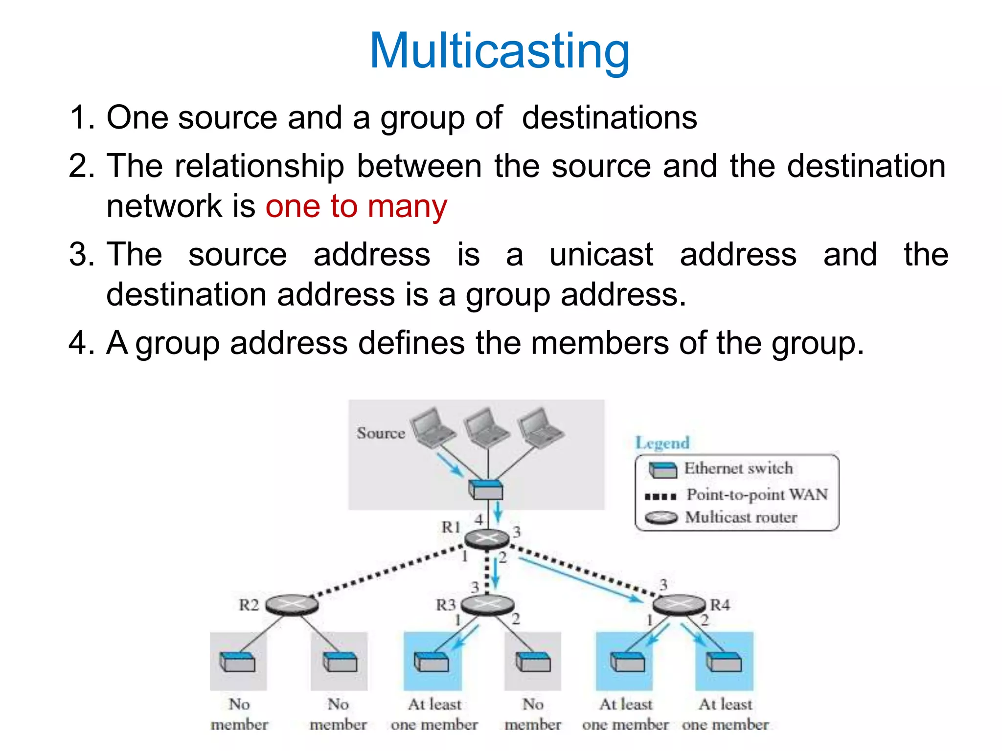 Multicasting
1. One source and a group of destinations
2. The relationship between the source and the destination
network is one to many
3. The source address is a unicast address and the
destination address is a group address.
4. A group address defines the members of the group.
 