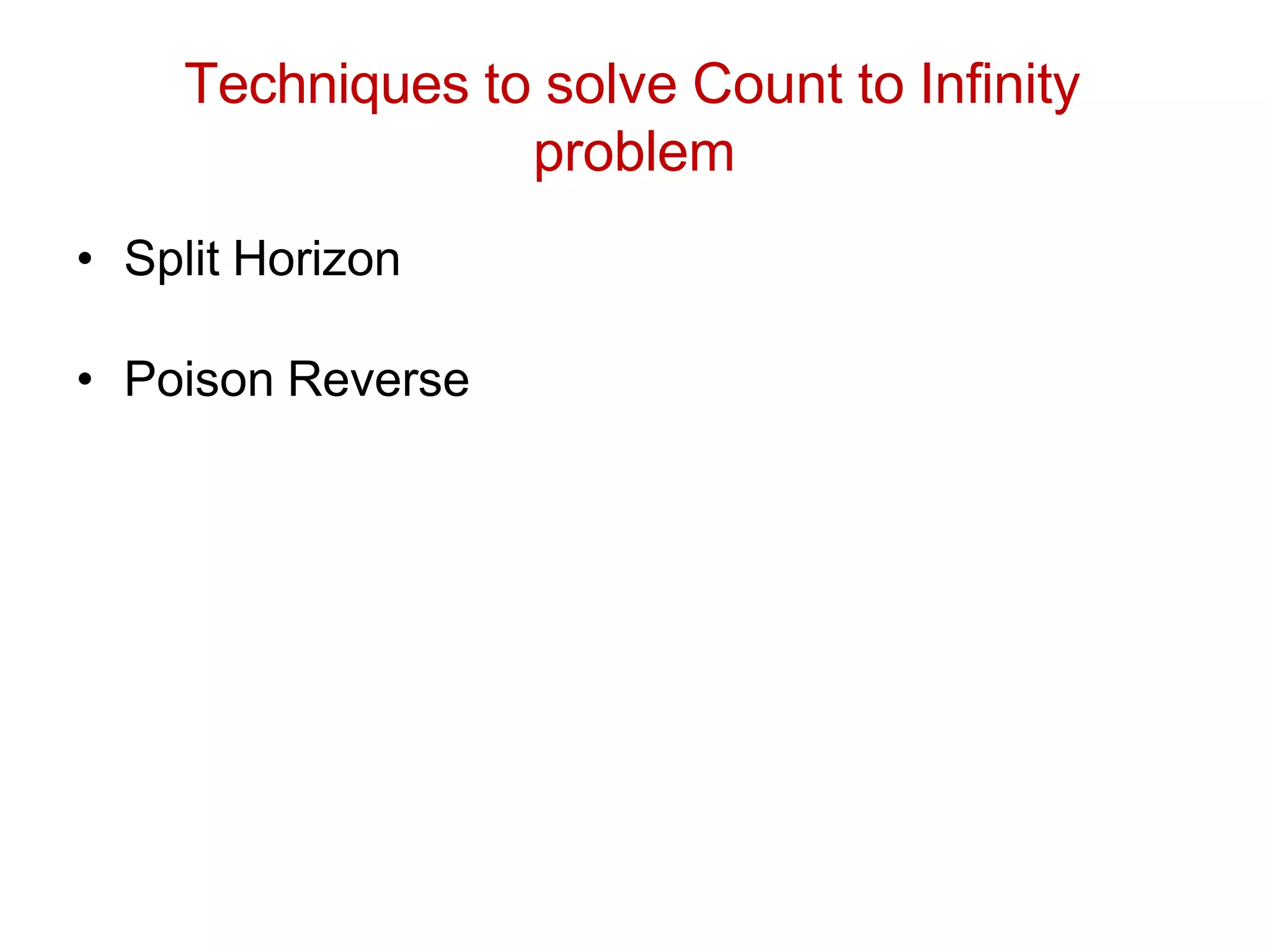 Techniques to solve Count to Infinity
problem
• Split Horizon
• Poison Reverse
 