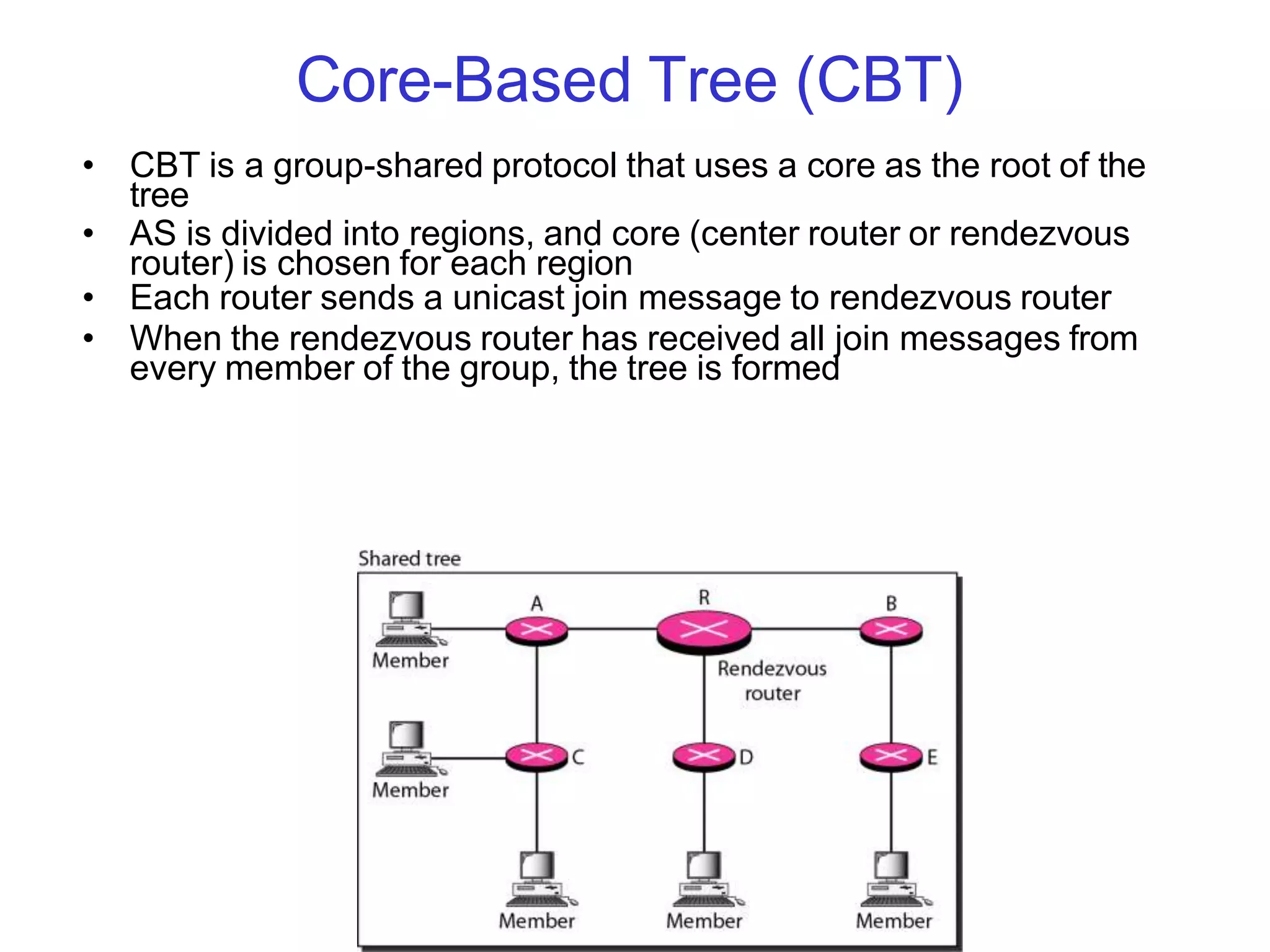 Core-Based Tree (CBT)
• CBT is a group-shared protocol that uses a core as the root of the
tree
• AS is divided into regions, and core (center router or rendezvous
router) is chosen for each region
• Each router sends a unicast join message to rendezvous router
• When the rendezvous router has received all join messages from
every member of the group, the tree is formed
 