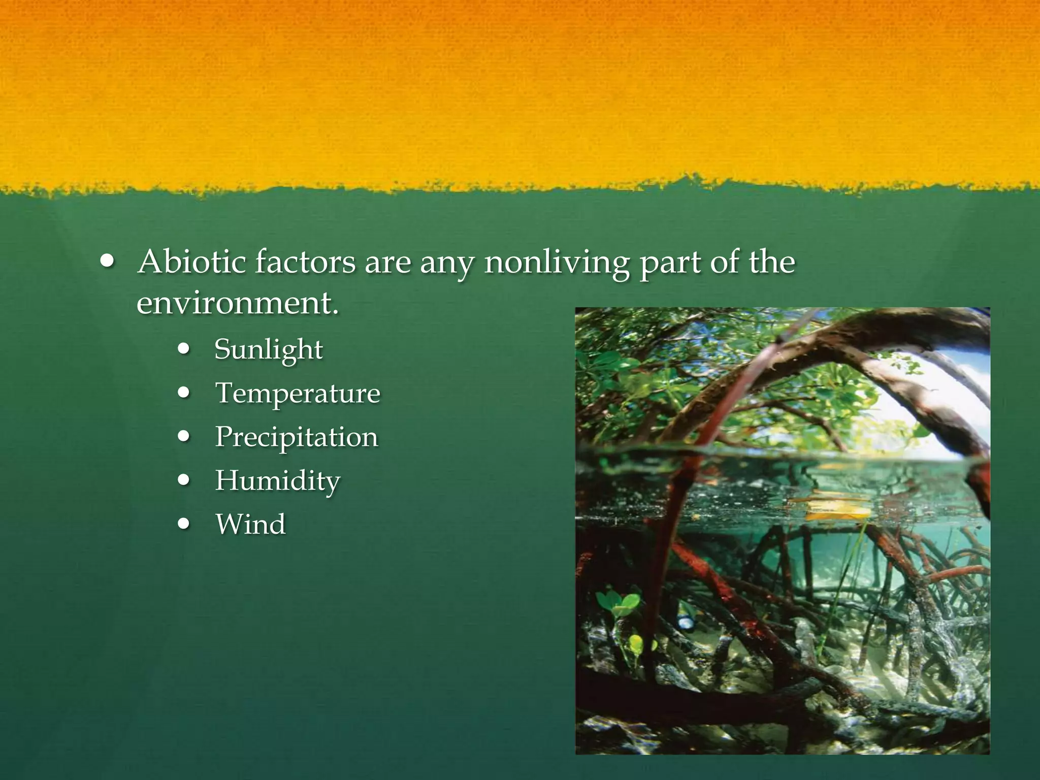  Abiotic factors are any nonliving part of the
environment.
 Sunlight
 Temperature
 Precipitation
 Humidity
 Wind
 