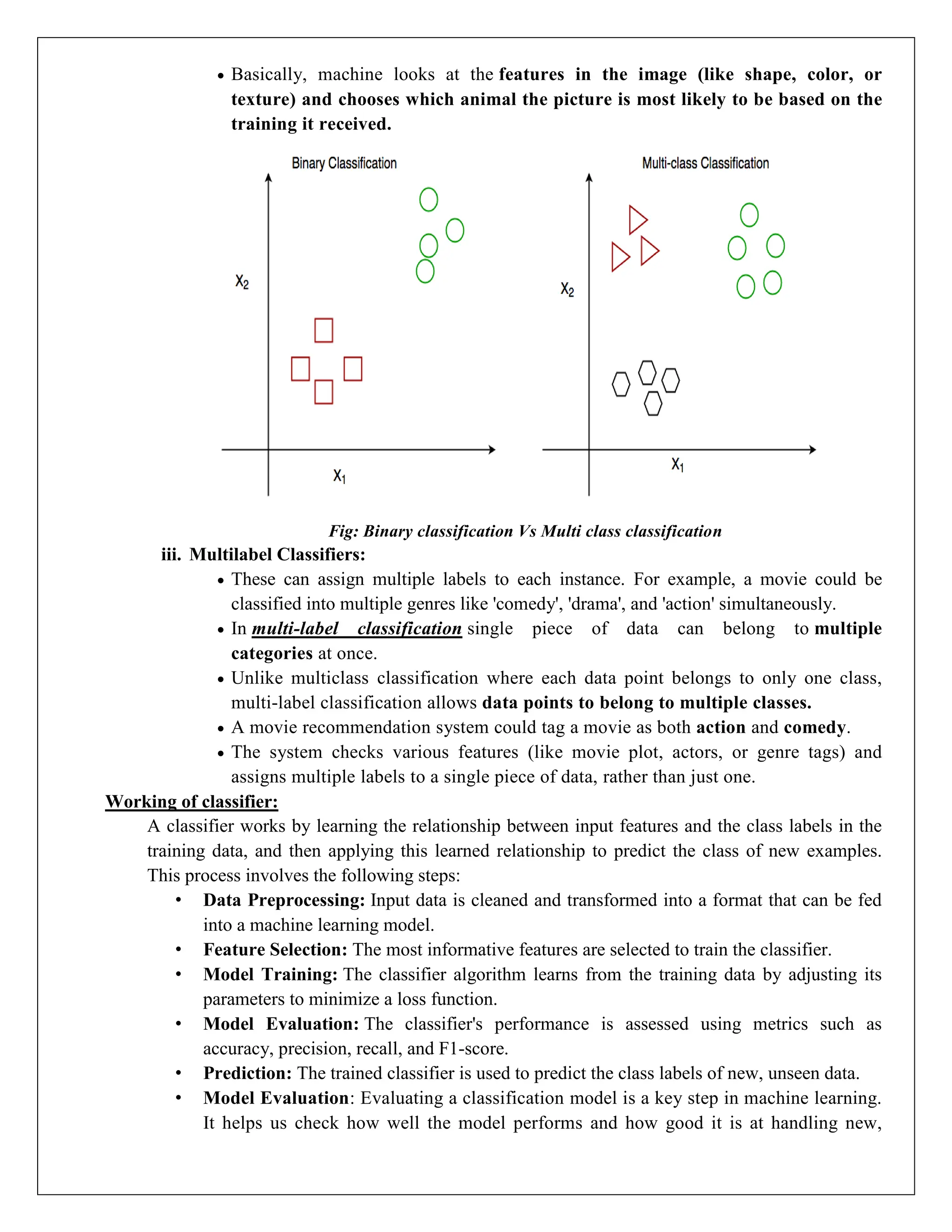  Basically, machine looks at the features in the image (like shape, color, or
texture) and chooses which animal the picture is most likely to be based on the
training it received.
Fig: Binary classification Vs Multi class classification
iii. Multilabel Classifiers:
 These can assign multiple labels to each instance. For example, a movie could be
classified into multiple genres like 'comedy', 'drama', and 'action' simultaneously.
 In multi-label classification single piece of data can belong to multiple
categories at once.
 Unlike multiclass classification where each data point belongs to only one class,
multi-label classification allows data points to belong to multiple classes.
 A movie recommendation system could tag a movie as both action and comedy.
 The system checks various features (like movie plot, actors, or genre tags) and
assigns multiple labels to a single piece of data, rather than just one.
Working of classifier:
A classifier works by learning the relationship between input features and the class labels in the
training data, and then applying this learned relationship to predict the class of new examples.
This process involves the following steps:
• Data Preprocessing: Input data is cleaned and transformed into a format that can be fed
into a machine learning model.
• Feature Selection: The most informative features are selected to train the classifier.
• Model Training: The classifier algorithm learns from the training data by adjusting its
parameters to minimize a loss function.
• Model Evaluation: The classifier's performance is assessed using metrics such as
accuracy, precision, recall, and F1-score.
• Prediction: The trained classifier is used to predict the class labels of new, unseen data.
• Model Evaluation: Evaluating a classification model is a key step in machine learning.
It helps us check how well the model performs and how good it is at handling new,
 