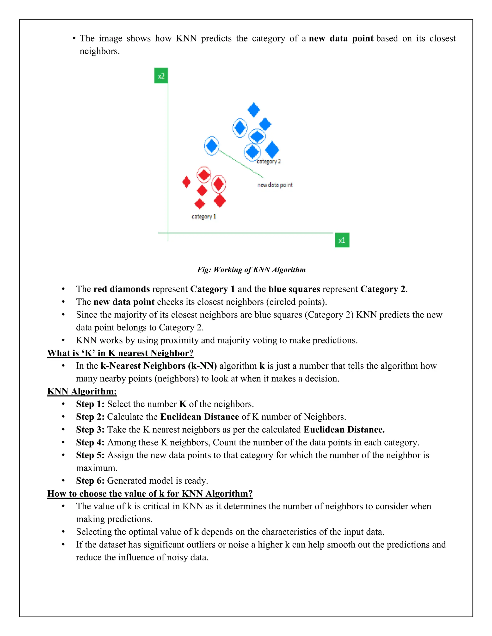 • The image shows how KNN predicts the category of a new data point based on its closest
neighbors.
Fig: Working of KNN Algorithm
• The red diamonds represent Category 1 and the blue squares represent Category 2.
• The new data point checks its closest neighbors (circled points).
• Since the majority of its closest neighbors are blue squares (Category 2) KNN predicts the new
data point belongs to Category 2.
• KNN works by using proximity and majority voting to make predictions.
What is ‘K’ in K nearest Neighbor?
• In the k-Nearest Neighbors (k-NN) algorithm k is just a number that tells the algorithm how
many nearby points (neighbors) to look at when it makes a decision.
KNN Algorithm:
• Step 1: Select the number K of the neighbors.
• Step 2: Calculate the Euclidean Distance of K number of Neighbors.
• Step 3: Take the K nearest neighbors as per the calculated Euclidean Distance.
• Step 4: Among these K neighbors, Count the number of the data points in each category.
• Step 5: Assign the new data points to that category for which the number of the neighbor is
maximum.
• Step 6: Generated model is ready.
How to choose the value of k for KNN Algorithm?
• The value of k is critical in KNN as it determines the number of neighbors to consider when
making predictions.
• Selecting the optimal value of k depends on the characteristics of the input data.
• If the dataset has significant outliers or noise a higher k can help smooth out the predictions and
reduce the influence of noisy data.
 