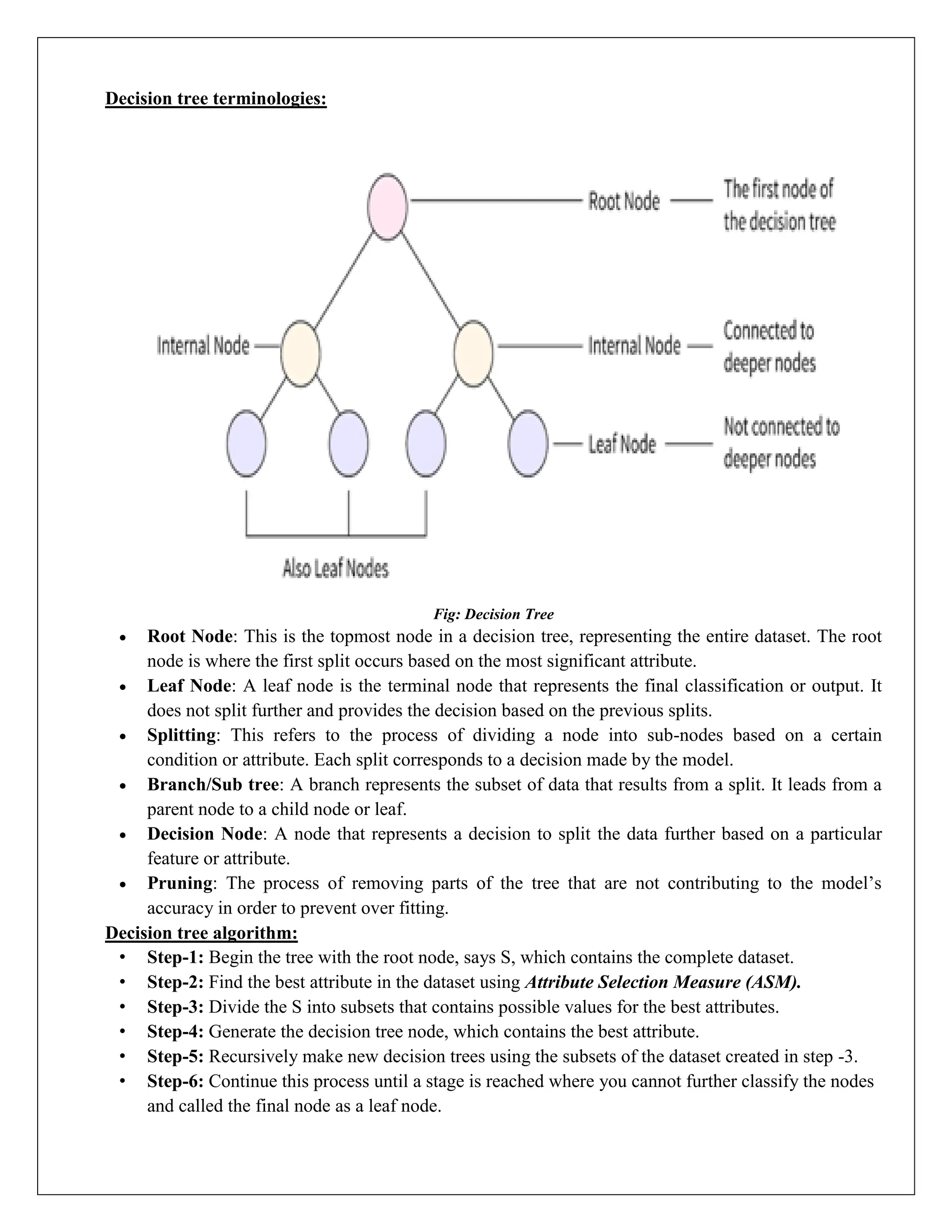 Decision tree terminologies:
Fig: Decision Tree
 Root Node: This is the topmost node in a decision tree, representing the entire dataset. The root
node is where the first split occurs based on the most significant attribute.
 Leaf Node: A leaf node is the terminal node that represents the final classification or output. It
does not split further and provides the decision based on the previous splits.
 Splitting: This refers to the process of dividing a node into sub-nodes based on a certain
condition or attribute. Each split corresponds to a decision made by the model.
 Branch/Sub tree: A branch represents the subset of data that results from a split. It leads from a
parent node to a child node or leaf.
 Decision Node: A node that represents a decision to split the data further based on a particular
feature or attribute.
 Pruning: The process of removing parts of the tree that are not contributing to the model’s
accuracy in order to prevent over fitting.
Decision tree algorithm:
• Step-1: Begin the tree with the root node, says S, which contains the complete dataset.
• Step-2: Find the best attribute in the dataset using Attribute Selection Measure (ASM).
• Step-3: Divide the S into subsets that contains possible values for the best attributes.
• Step-4: Generate the decision tree node, which contains the best attribute.
• Step-5: Recursively make new decision trees using the subsets of the dataset created in step -3.
• Step-6: Continue this process until a stage is reached where you cannot further classify the nodes
and called the final node as a leaf node.
 