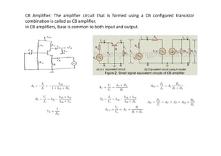 CB Amplifier: The amplifier circuit that is formed using a CB configured transistor
combination is called as CB amplifier.
In CB amplifiers, Base is common to both input and output.
 
