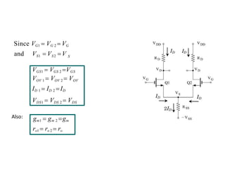 ID ID
ID
ID
2ID
VGS1  VGS 2 VGS
VOV 1  VOV 2  VOV
ID 1  ID 2 ID
VDS1  VDS 2  VDS
S
S1 S2
and V  V V
Since VG1  VG 2  VG
gm1  gm 2 gm
ro1  ro 2  ro
Also:
 