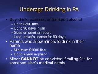 • Buy, drink, possess, or transport alcohol
– Up to $300 fine
– Up to 90 days in jail
– Goes on criminal record
– Lose driver's license for 90 days
• Parents who allow minors to drink in their
home
- Minimum $1000 fine
- Up to a year in prison
• Minor CANNOT be convicted if calling 911 for
someone else’s medical needs
 