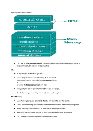 How Computerprocessdata:
• The CPU, or Central ProcessingUnit,is the part of the computerwhere workgetsdone.In
mostcomputers,there isone processingchip
ALU
• ALU stands forArithmetic/LogicUnit
• Thisis the part that executesthe computer'scommands.
A commandmustbe eitherabasicarithmetic operation:
+ - * /
or one of the logical comparisons: >< =not=
• Everythinghasto be brokendownintothese few operations.
• The ALU can onlydo one thingat a time but can workveryfast.
Main Memory
• Main Memorystoresthe commandsthat the CPU executesandthe results.
• Thisis where the computerstoresthe dataand commandsthat are currentlybeingused.
• Whenthe computeristurnedoff,all data inMain Memory vanishes.
• A data storage methodof thistype iscalledvolatile since the data"evaporates."
• The CPU can fetchone piece of data inone machine cycle.
 