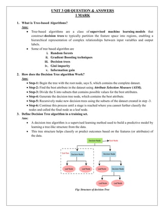 UNIT 3 QB QUESTION & ANSWERS
1 MARK
1. What is Tree-based Algorithms?
Ans:
 Tree-based algorithms are a class of supervised machine learning models that
construct decision trees to typically partition the feature space into regions, enabling a
hierarchical representation of complex relationships between input variables and output
labels.
 Some of tree based algorithm are
i. Random forests
ii. Gradient Boosting techniques
iii. Decision trees
iv. Gini impurity
v. Information gain
2. How does the Decision Tree algorithm Work?
Ans:
 Step-1: Begin the tree with the root node, says S, which contains the complete dataset.
 Step-2: Find the best attribute in the dataset using Attribute Selection Measure (ASM).
 Step-3: Divide the S into subsets that contains possible values for the best attributes.
 Step-4: Generate the decision tree node, which contains the best attribute.
 Step-5: Recursively make new decision trees using the subsets of the dataset created in step -3.
 Step-6: Continue this process until a stage is reached where you cannot further classify the
nodes and called the final node as a leaf node.
3. Define Decision Tree algorithm in a training set.
Ans:
 A decision tree algorithm is a supervised learning method used to build a predictive model by
learning a tree-like structure from the data.
 This tree structure helps classify or predict outcomes based on the features (or attributes) of
the data.
Fig: Structure of decision Tree
 