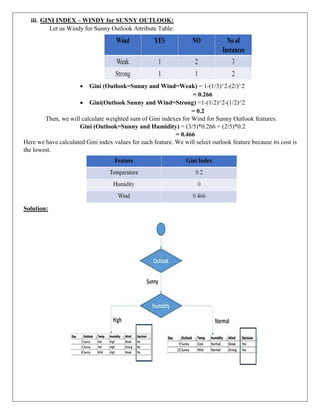 iii. GINI INDEX – WINDY for SUNNY OUTLOOK:
Let us Windy for Sunny Outlook Attribute Table:
 Gini (Outlook=Sunny and Wind=Weak) = 1-(1/3)^2-(2/)^2
= 0.266
 Gini(Outlook Sunny and Wind=Strong) =1-(1/2)^2-(1/2)^2
= 0.2
Then, we will calculate weighted sum of Gini indexes for Wind for Sunny Outlook features.
Gini (Outlook=Sunny and Humidity) = (3/5)*0.266 + (2/5)*0.2
= 0.466
Here we have calculated Gini index values for each feature. We will select outlook feature because its cost is
the lowest.
Solution:
 