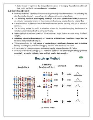 • In the models of regression the final prediction is made by averaging the predictions of the all
base model and that is known as bagging regression.
ii. BOOSTING METHOD:
 Bootstrap Method is a powerful statistical technique widely used in mathematics for estimating the
distribution of a statistic by resampling with replacement from the original data.
 The bootstrap method is a resampling technique that allows you to estimate the properties of
an estimator (such as its variance or bias) by repeatedly drawing samples from the original data.
 It was introduced by Bradley Efron in 1979 and has since become a widely used tool in statistical
inference.
 The bootstrap method is useful in situations where the theoretical sampling distribution of a
statistic is unknown or difficult to derive analytically.
 Bootstrapping is a statistical procedure that resample's a single data set to create many simulated
samples.
 Bootstrap Method or Bootstrapping is a statistical procedure that resample's a single data set
to create many simulated samples.
 This process allows for, "calculation of standard errors, confidence intervals, and hypothesis
testing” according to a post on bootstrapping statistics from statistician Jim Frost.
 It can be used to estimate summary statistics such as the mean and standard deviation.
 Bootstrap Method or Bootstrapping is a statistical technique for estimating an entire population
quantity by averaging estimates from multiple smaller data samples.
Fig: Boosting Method
 
