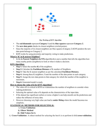 Fig: Working of KNN Algorithm
• The red diamonds represent Category 1 and the blue squares represent Category 2.
• The new data point checks its closest neighbors (circled points).
• Since the majority of its closest neighbors are blue squares (Category 2) KNN predicts the new
data point belongs to Category 2.
• KNN works by using proximity and majority voting to make predictions.
What is ‘K’ in K nearest Neighbor?
• In the k-Nearest Neighbors (k-NN) algorithm k is just a number that tells the algorithm how
many nearby points (neighbors) to look at when it makes a decision.
KNN Algorithm:
• Step 1: Select the number K of the neighbors.
• Step 2: Calculate the Euclidean Distance of K number of Neighbors.
• Step 3: Take the K nearest neighbors as per the calculated Euclidean Distance.
• Step 4: Among these K neighbors, Count the number of the data points in each category.
• Step 5: Assign the new data points to that category for which the number of the neighbor is
maximum.
• Step 6: Generated model is ready.
How to choose the value of k for KNN Algorithm?
• The value of k is critical in KNN as it determines the number of neighbors to consider when
making predictions.
• Selecting the optimal value of k depends on the characteristics of the input data.
• If the dataset has significant outliers or noise a higher k can help smooth out the predictions and
reduce the influence of noisy data.
• However choosing very high value can lead to under fitting where the model becomes too
simplistic.
STATISTICAL METHODS FOR SELECTING K:
i. Cross-Validation
ii. Elbow Method
iii. Odd Values for k
i. Cross-Validation: A robust method for selecting the best k is to perform k-fold cross-validation.
 