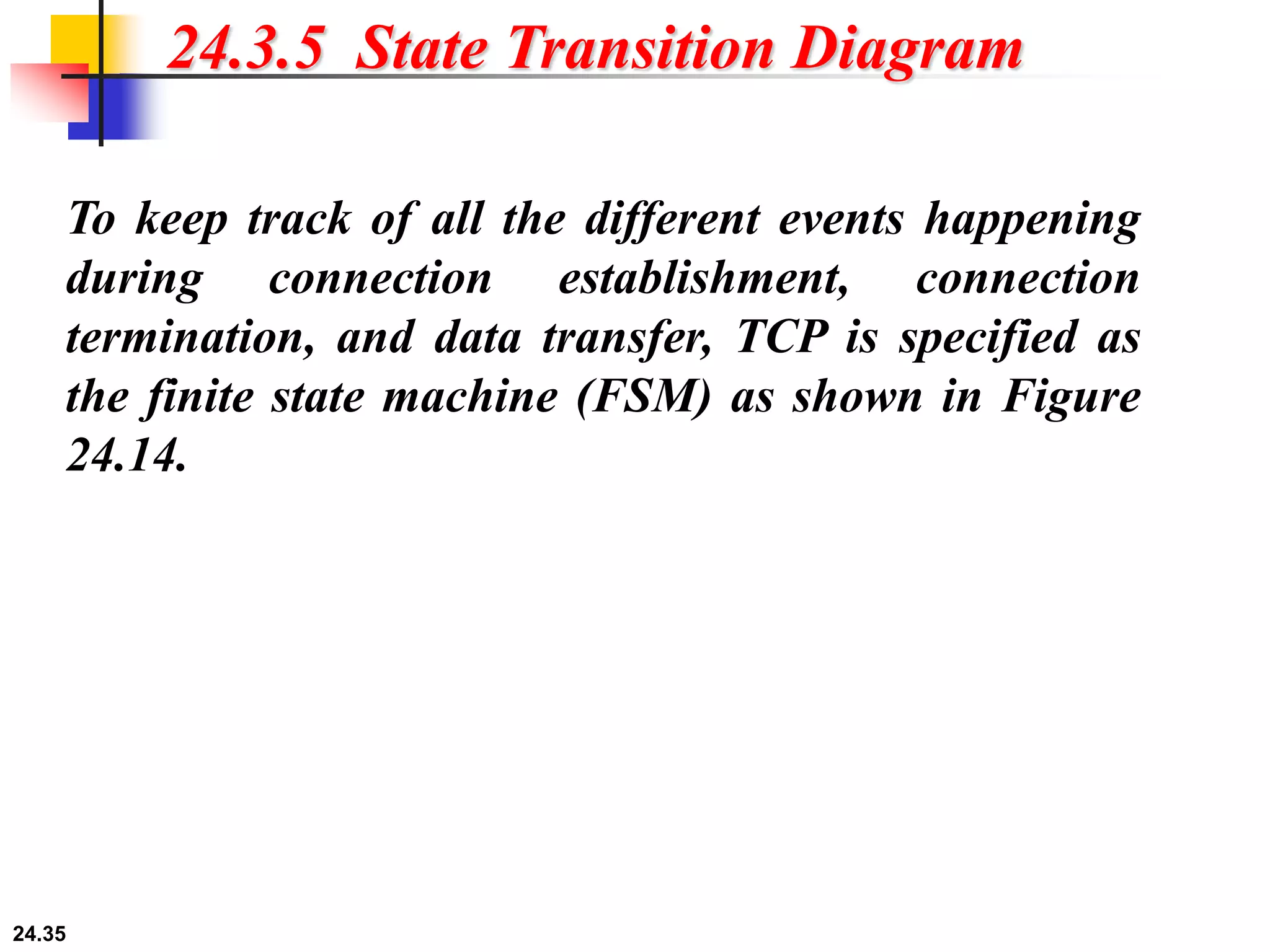 24.35
24.3.5 State Transition Diagram
To keep track of all the different events happening
during connection establishment, connection
termination, and data transfer, TCP is specified as
the finite state machine (FSM) as shown in Figure
24.14.
 