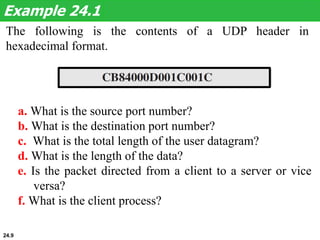 The following is the contents of a UDP header in
hexadecimal format.
Example 24.1
a. What is the source port number?
b. What is the destination port number?
c. What is the total length of the user datagram?
d. What is the length of the data?
e. Is the packet directed from a client to a server or vice
versa?
f. What is the client process?
24.9
 
