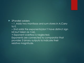  2Parallel adders
– 1 ,Adds two mantissas and sum stores in A,Carry
to E.
– 2nd adds the exponents(don’t have distinct sign
bit,but taken as +ve).
• Exponent overflow is neglected.
Exponents are connected to comparator that
provides 3 binary outputs to indicate their
relative magnitude.
 