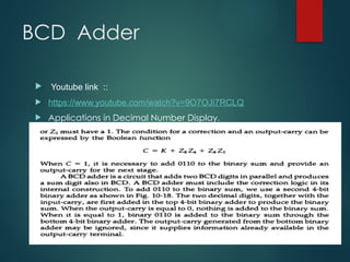 BCD Adder
 Youtube link ::
 https://www.youtube.com/watch?v=9O7OJi7RCLQ
 Applications in Decimal Number Display.
 Systematic running of counters.
 Organized digital clocks.
 