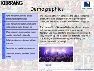Demographics
The image on the left connotes the socio-economic
graph, these are categories of what people come
under, for example a student would be in category E.
The readership of Kerrang! is both male and female
but can lean more towards the female side as
Kerrang! use male artists to draw readers into it and
they will pick up the magazine and start to read what
it is about, this is the reasoning behind why the
female readership is so high.
Source:
http://magazines.bauermediaadvertising.com/magaznies/detail/kerrang
 