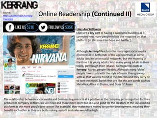 Online Readership (Continued II)
Likes And Followers
Likes are a key part of having a successful business as it
connotes how many people follow the magazine on that
platform (in this case Facebook and twitter.)
Although Kerrang! Reach out to many ages social media
promotes it to both ends of the age spectrum as some
adults tend to be on social networks, but the majority of
the time it is young adults. Also many young adults in their
teens, go through their ‘phase’. So magazines such as
Kerrang! Attract people like this. Although many ‘older’
people have stuck with the style of music they grew up
with as that was the trend in the 80s, 90s and they carry on
to love the music, bands that are like this are bands such as
Metallica, Allice in Chains, and Guns ‘n’ Roses
The relationship between social media and business in general is at a positive as the company get recognition for their
product or company so they can sell more and make more profit but it is also good for the creators of the social media
platform as the more people join twitter (for example) they make more money to use for development, meaning they
benefit each other as they are both making a profit and sales would be high.
Source:
https://twitter.com/kerrang
magazine
 