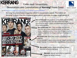 Kerrang! Is a rock/metal magazine which is issued every week. The indent of
Kerrang! Is that it has the shattered glass which connotes its edgy rough genre of
music.
Codes and Conventions
Denotations and Connotations of Kerrang! Front Cover
Non-verbal code: body positons. In this front cover the band
is in a group and together and not just the lead singer,
connoting the article is about the whole band and not just one
of the band members.
Non-verbal code: hair - Their hairstyles also connote
that they are a heavy metal/rock band, as they have
similar hairstyles to other artists from the genre such as
metallica, slipknot, five fimger death punch and guns n’
roses
Non-verbal code: what other content is available in the
magazine
This for example is about artists that are “inked” and that some
people may see this and pick the magazine up and purchase it.
Non-verbal: denotes bands official logo, attracts
attention of fans of that band
Source: http://home.avengedsevenfold.com.br/wp-content/uploads/2010/07/kerrang118.jpg
Barcode: placed vertically to maximize
space for other content
 