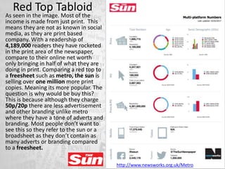 Red Top Tabloid
As seen in the image. Most of the
income is made from just print. This
means they are not as known in social
media, as they are print based
company. With a readership of
4,189,000 readers they have rocketed
in the print area of the newspaper,
compare to their online net worth
only bringing in half of what they are
doing in print. Comparing a red top to
a freesheet such as metro, the sun is
selling over one million more print
copies. Meaning its more popular. The
question is why would be buy this?
This is because although they charge
50p/20p there are less advertisement
and other branding unlike metro
where they have a tone of adverts and
branding. Most people don’t want to
see this so they refer to the sun or a
broadsheet as they don’t contain as
many adverts or branding compared
to a freesheet.
http://www.newsworks.org.uk/Metro
 