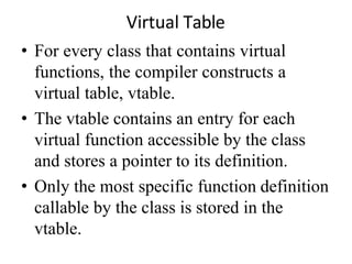 Virtual Table
• For every class that contains virtual
functions, the compiler constructs a
virtual table, vtable.
• The vtable contains an entry for each
virtual function accessible by the class
and stores a pointer to its definition.
• Only the most specific function definition
callable by the class is stored in the
vtable.
 