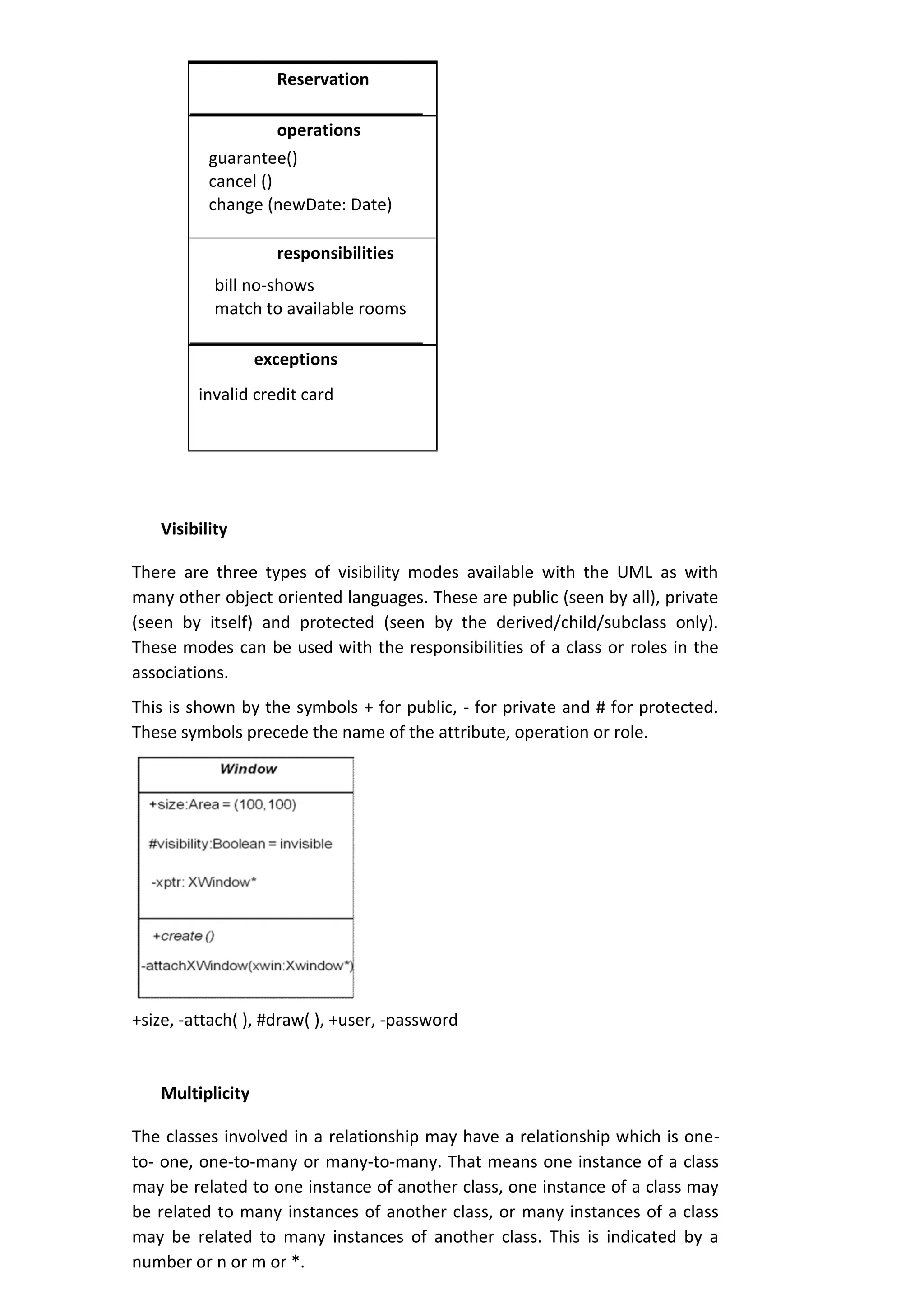 Reservation
operations
guarantee()
cancel ()
change (newDate: Date)
responsibilities
bill no-shows
match to available rooms
exceptions
invalid credit card
Visibility
There are three types of visibility modes available with the UML as with
many other object oriented languages. These are public (seen by all), private
(seen by itself) and protected (seen by the derived/child/subclass only).
These modes can be used with the responsibilities of a class or roles in the
associations.
This is shown by the symbols + for public, - for private and # for protected.
These symbols precede the name of the attribute, operation or role.
+size, -attach( ), #draw( ), +user, -password
Multiplicity
The classes involved in a relationship may have a relationship which is one-
to- one, one-to-many or many-to-many. That means one instance of a class
may be related to one instance of another class, one instance of a class may
be related to many instances of another class, or many instances of a class
may be related to many instances of another class. This is indicated by a
number or n or m or *.
 