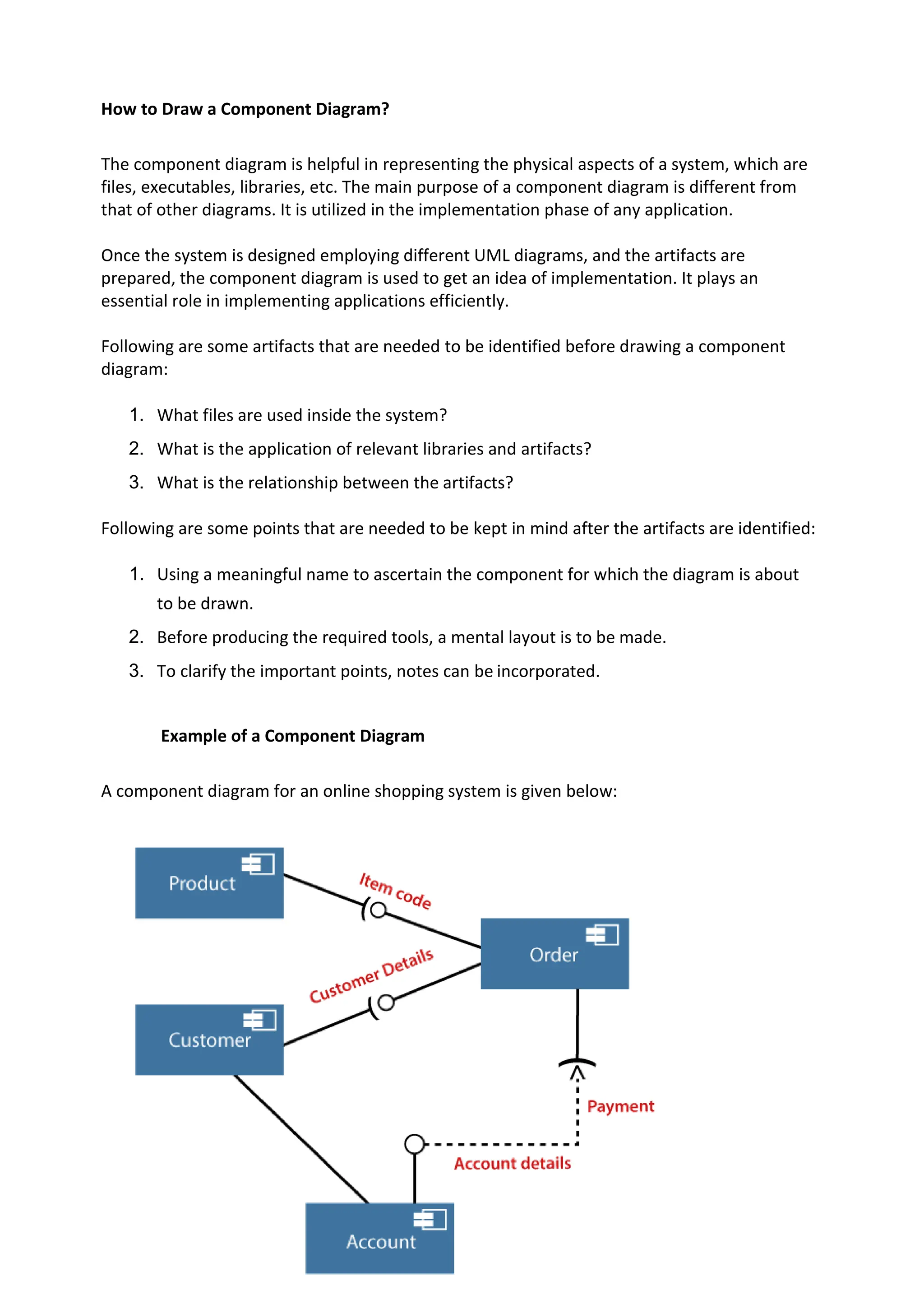 How to Draw a Component Diagram?
The component diagram is helpful in representing the physical aspects of a system, which are
files, executables, libraries, etc. The main purpose of a component diagram is different from
that of other diagrams. It is utilized in the implementation phase of any application.
Once the system is designed employing different UML diagrams, and the artifacts are
prepared, the component diagram is used to get an idea of implementation. It plays an
essential role in implementing applications efficiently.
Following are some artifacts that are needed to be identified before drawing a component
diagram:
1. What files are used inside the system?
2. What is the application of relevant libraries and artifacts?
3. What is the relationship between the artifacts?
Following are some points that are needed to be kept in mind after the artifacts are identified:
1. Using a meaningful name to ascertain the component for which the diagram is about
to be drawn.
2. Before producing the required tools, a mental layout is to be made.
3. To clarify the important points, notes can be incorporated.
Example of a Component Diagram
A component diagram for an online shopping system is given below:
 