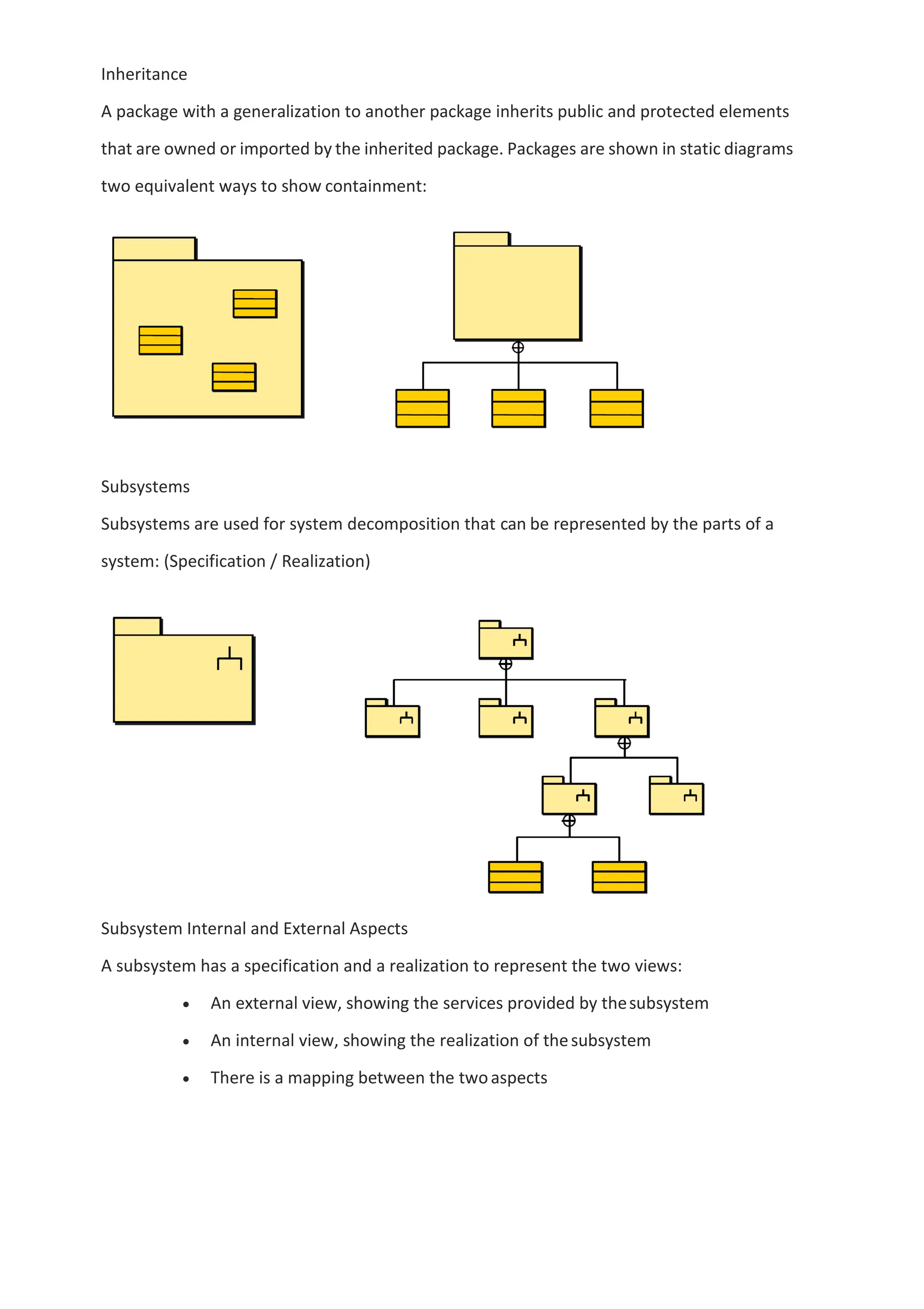 Inheritance
A package with a generalization to another package inherits public and protected elements
that are owned or imported by the inherited package. Packages are shown in static diagrams
two equivalent ways to show containment:
Subsystems
Subsystems are used for system decomposition that can be represented by the parts of a
system: (Specification / Realization)
Subsystem Internal and External Aspects
A subsystem has a specification and a realization to represent the two views:
• An external view, showing the services provided by thesubsystem
• An internal view, showing the realization of thesubsystem
• There is a mapping between the twoaspects
 