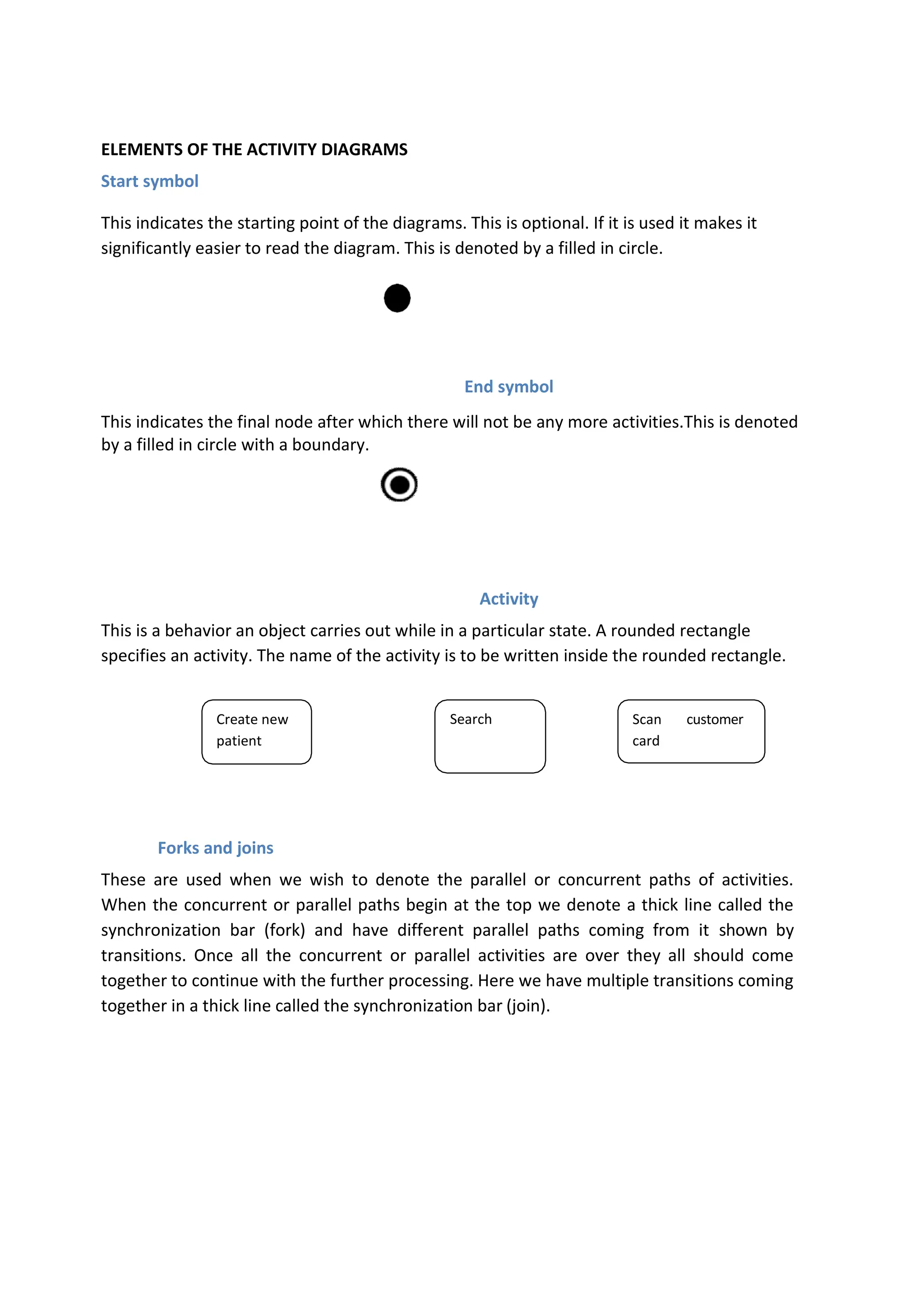Create new
patient
Search Scan customer
card
ELEMENTS OF THE ACTIVITY DIAGRAMS
Start symbol
This indicates the starting point of the diagrams. This is optional. If it is used it makes it
significantly easier to read the diagram. This is denoted by a filled in circle.
End symbol
This indicates the final node after which there will not be any more activities.This is denoted
by a filled in circle with a boundary.
Activity
This is a behavior an object carries out while in a particular state. A rounded rectangle
specifies an activity. The name of the activity is to be written inside the rounded rectangle.
Forks and joins
These are used when we wish to denote the parallel or concurrent paths of activities.
When the concurrent or parallel paths begin at the top we denote a thick line called the
synchronization bar (fork) and have different parallel paths coming from it shown by
transitions. Once all the concurrent or parallel activities are over they all should come
together to continue with the further processing. Here we have multiple transitions coming
together in a thick line called the synchronization bar (join).
 
