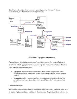 Class Diagram: Describes the structure of a system by showing the system’s classes,
their attributes, and the relationships among the classes.
Association vs Aggregation vs Composition
Aggregation and Composition are subsets of association meaning they are specific cases of
association. In both aggregation and composition object of one class "owns" object of another
class. But there is a subtle difference:
• Aggregation implies a relationship where the child can exist independently of the
parent. Example: Class (parent) and Student (child). Delete the Class and theStudents
still exist.
• Composition implies a relationship where the child cannot exist independent of the
parent. Example: House (parent) and Room (child). Rooms don't exist separate to a
House.
Composition Example:
We should be more specific and use the composition link in cases where in addition to the part-
of relationship between Class A and Class B - there's a strong lifecycle dependency between the
 