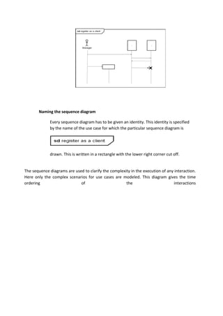 Naming the sequence diagram
Every sequence diagram has to be given an identity. This identity is specified
by the name of the use case for which the particular sequence diagram is
drawn. This is written in a rectangle with the lower right corner cut off.
The sequence diagrams are used to clarify the complexity in the execution of any interaction.
Here only the complex scenarios for use cases are modeled. This diagram gives the time
ordering of the interactions
 