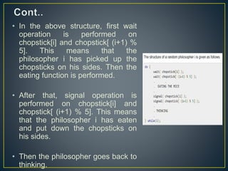 • In the above structure, first wait
operation is performed on
chopstick[i] and chopstick[ (i+1) %
5]. This means that the
philosopher i has picked up the
chopsticks on his sides. Then the
eating function is performed.
• After that, signal operation is
performed on chopstick[i] and
chopstick[ (i+1) % 5]. This means
that the philosopher i has eaten
and put down the chopsticks on
his sides.
• Then the philosopher goes back to
thinking.
 