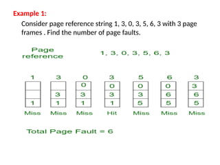 Example 1:
Consider page reference string 1, 3, 0, 3, 5, 6, 3 with 3 page
frames . Find the number of page faults.
 