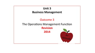  
Unit	
  3	
  
Business	
  Management	
  
	
  
Outcome	
  3	
  	
  
The	
  Opera/ons	
  Management	
  Func/on	
  	
  
Revision	
  
2014	
  
 
